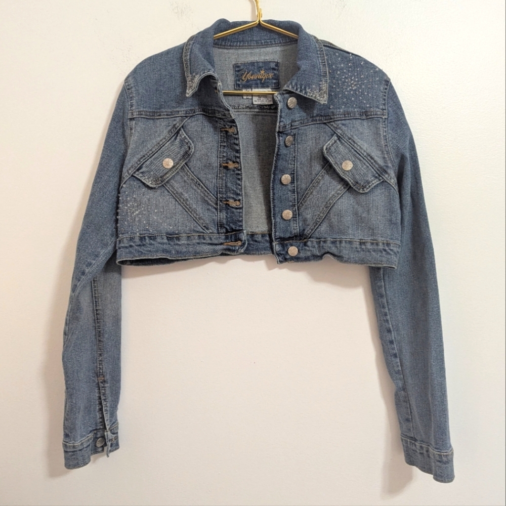 Yunique‎ Large Blue Denim Cropped Jacket w/ Beading